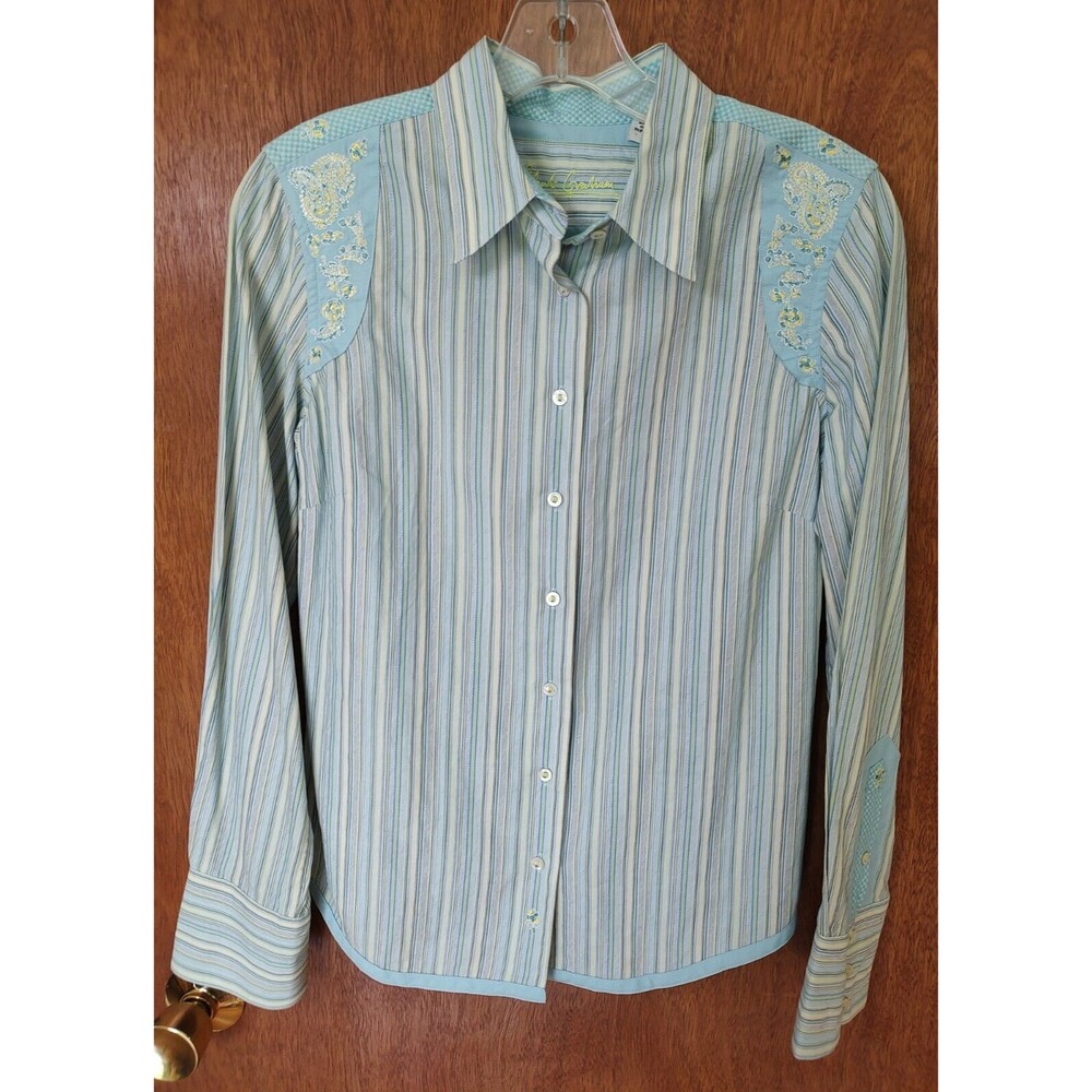 Robert Graham size S blue green embroidered paisley striped button up blouse